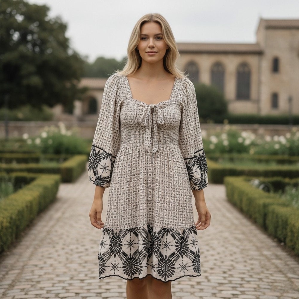 Tribal Femme Mini Dress XS Smocked Tie‎ Front Floral Embroidered Boho